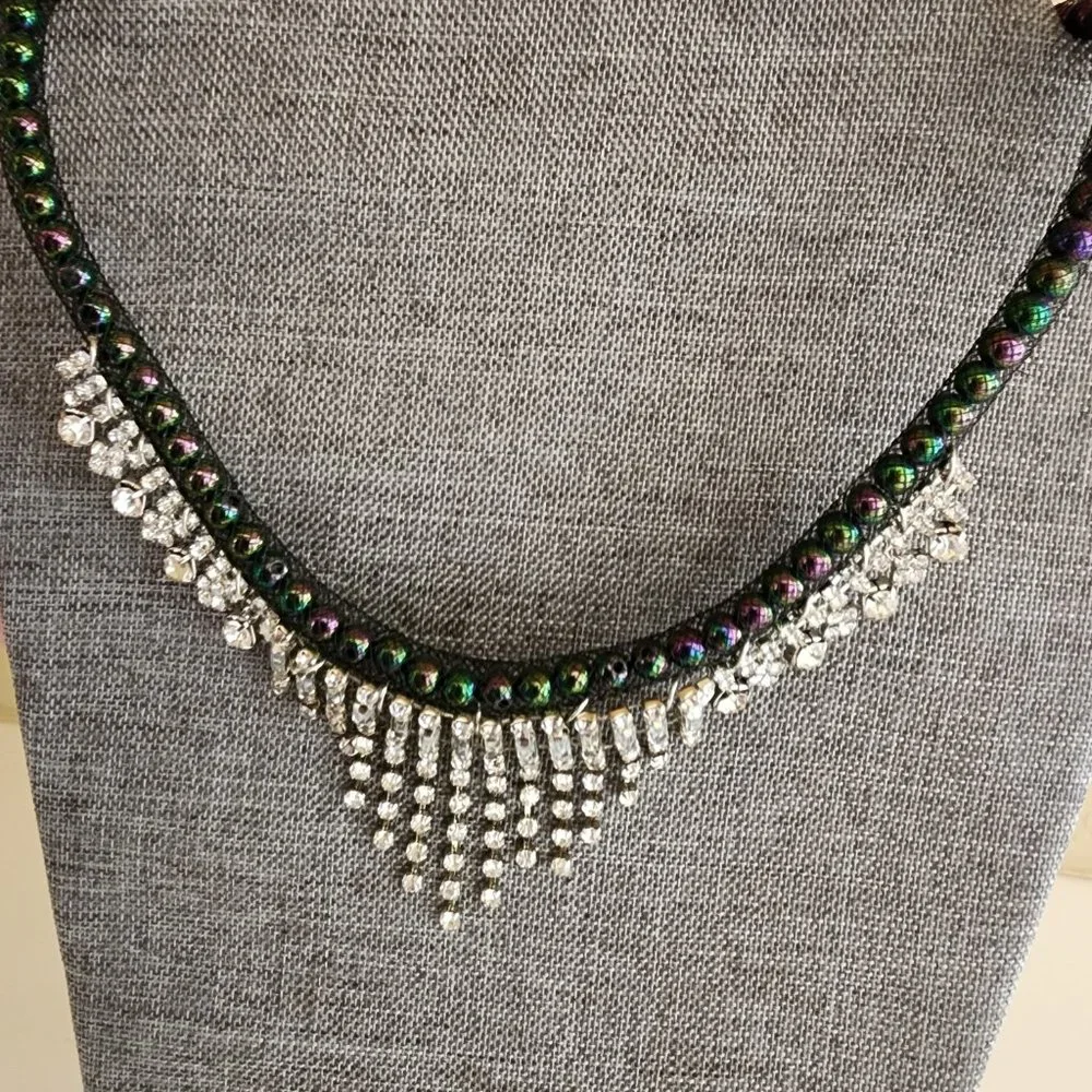 Rhinestone Cascade Fringe Black Iridescent Peacock Green Purple Bead Necklace